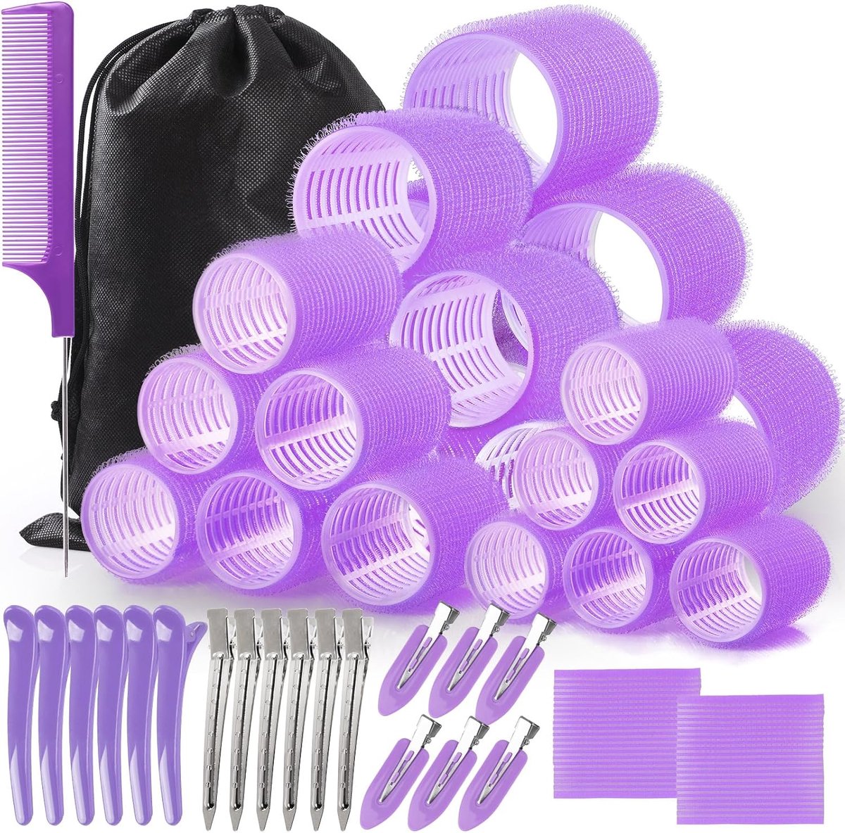 SnelShoppen - 45 Pcs Haarrollers Krulset met 24 Zelfklevende Haarrollers, 18 Clips en Opbergtas voor Lang, Middellang en Kort Haar - Vervaarloos je Ha