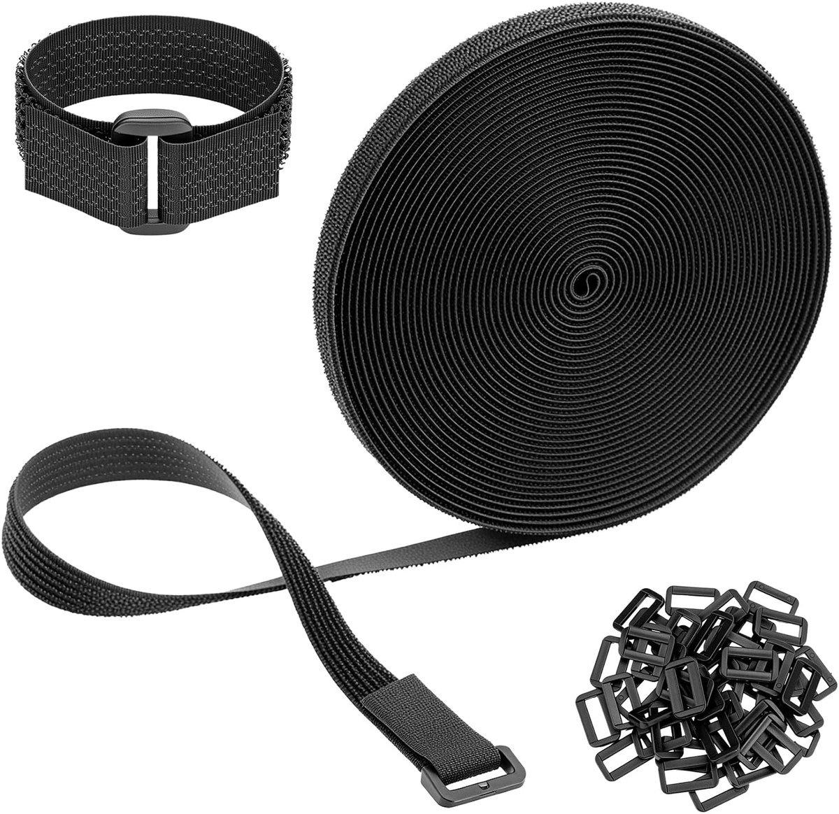 Allecta - Klittenband 10m x 2cm zwart met gespen - Flexibel op maat te snijden - Voor kabelbeheer en naaien
