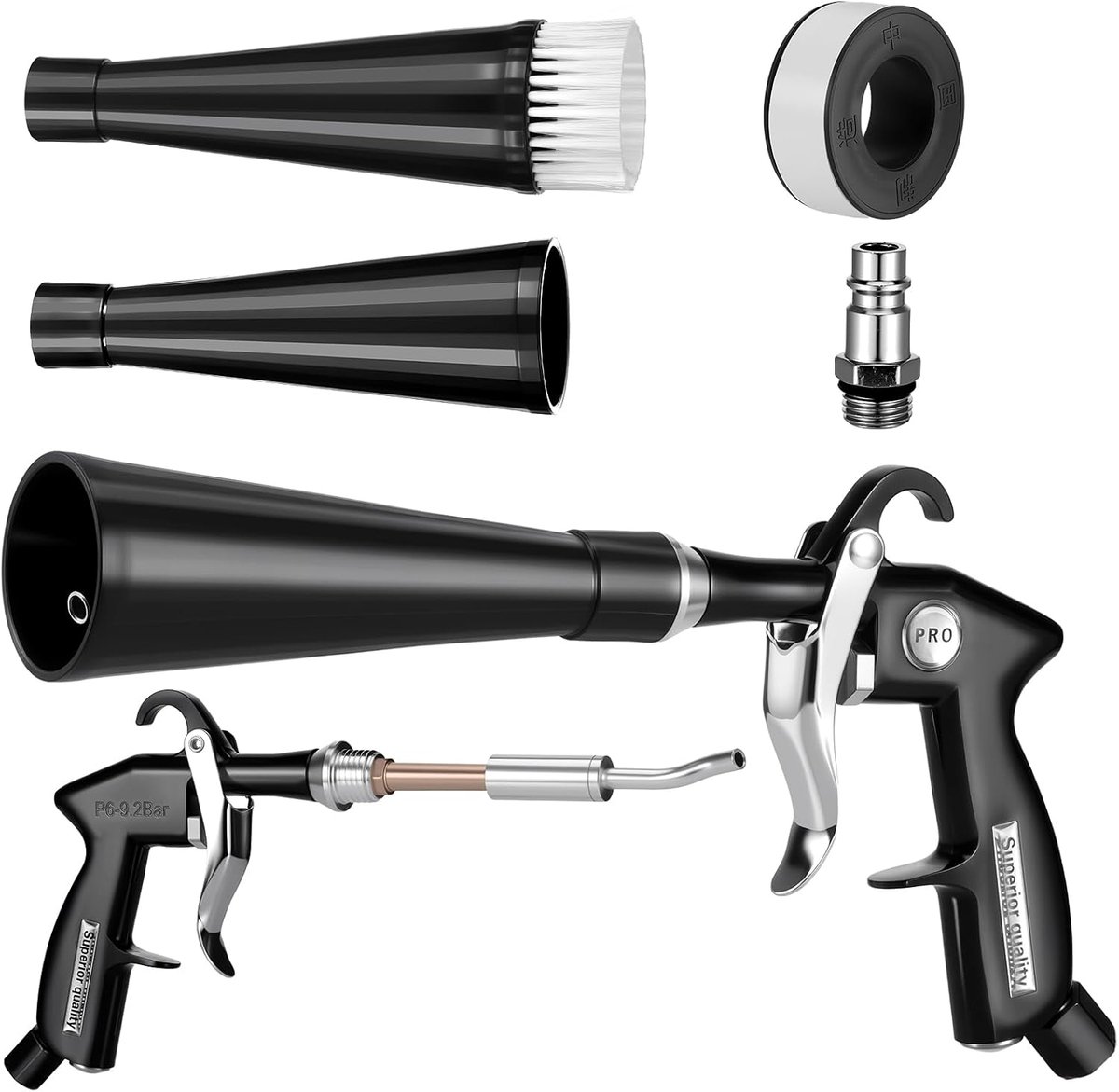 SnelShoppen - Zocipro Droogreiniging Luchtblazer, Gecomprimeerde Lucht Reinigingspistool voor Auto Detailing, Inclusief 2 Nozzles, Voor Stoelen, Wiele