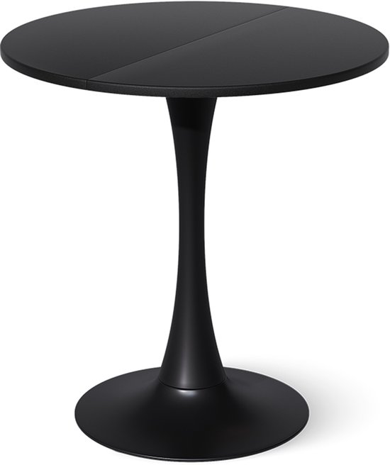 Zwarte ronde eettafel met tulpenvoet, gefotografeerd op witte achtergrond.