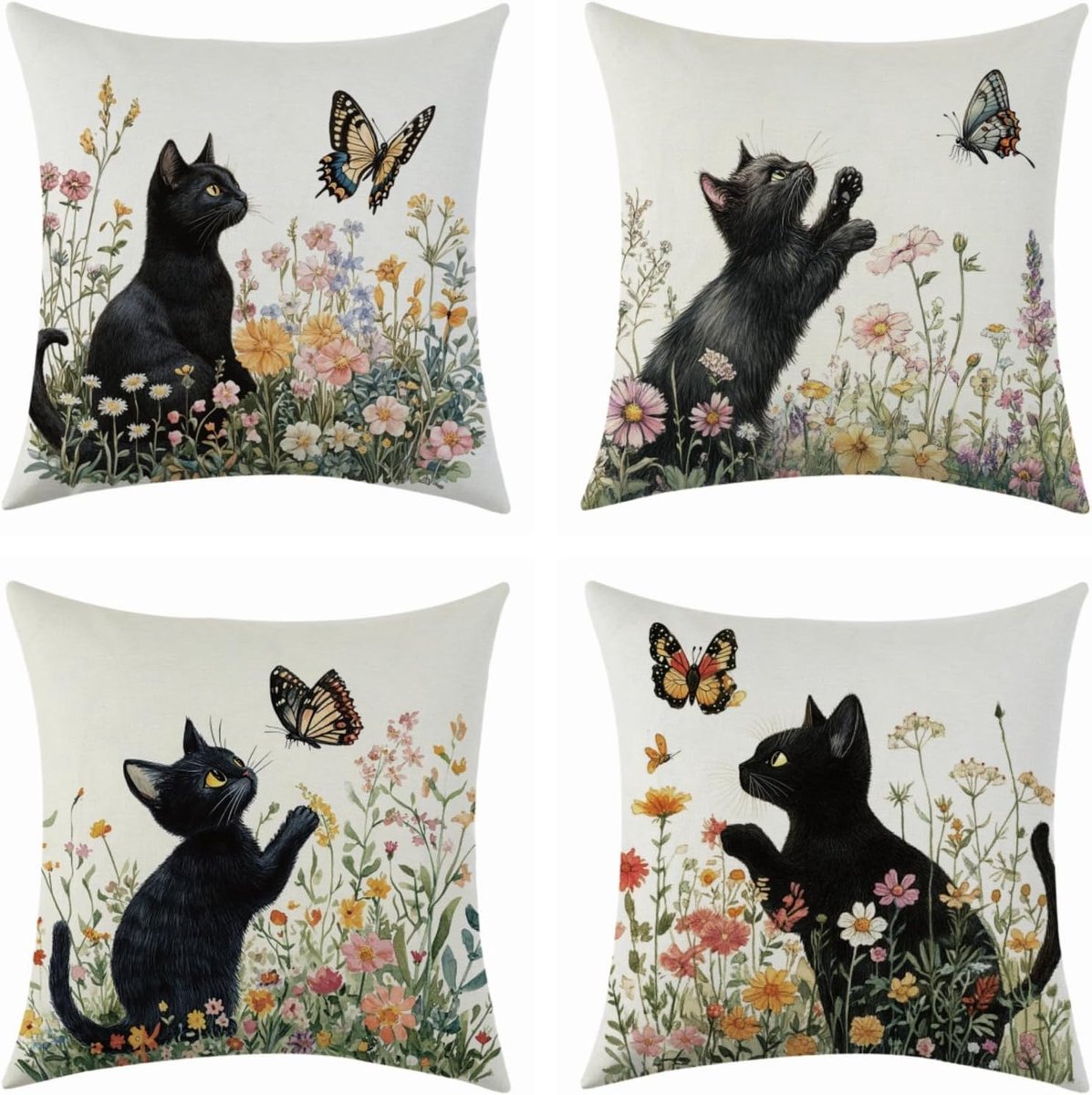 SnelShoppen - Set van 4 Zachte Kussenslopen 45x45 cm - Decoratieve Kussenslopen voor Bank, Slaapkamer, Woonkamer - Ademend Polyester met Kat, Vlinder