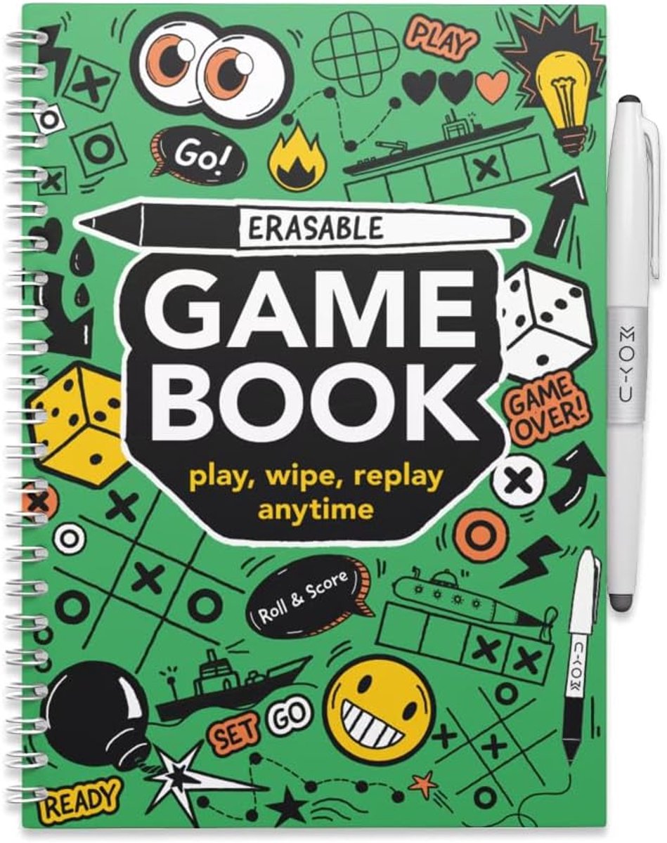 SnelShoppen - Erasable Game Book A5 Softcover - Tot 500x herschrijfbaar - Inclusief uitwisbare pen, penhouder en schoonmaakdoek - Ideaal voor onderweg