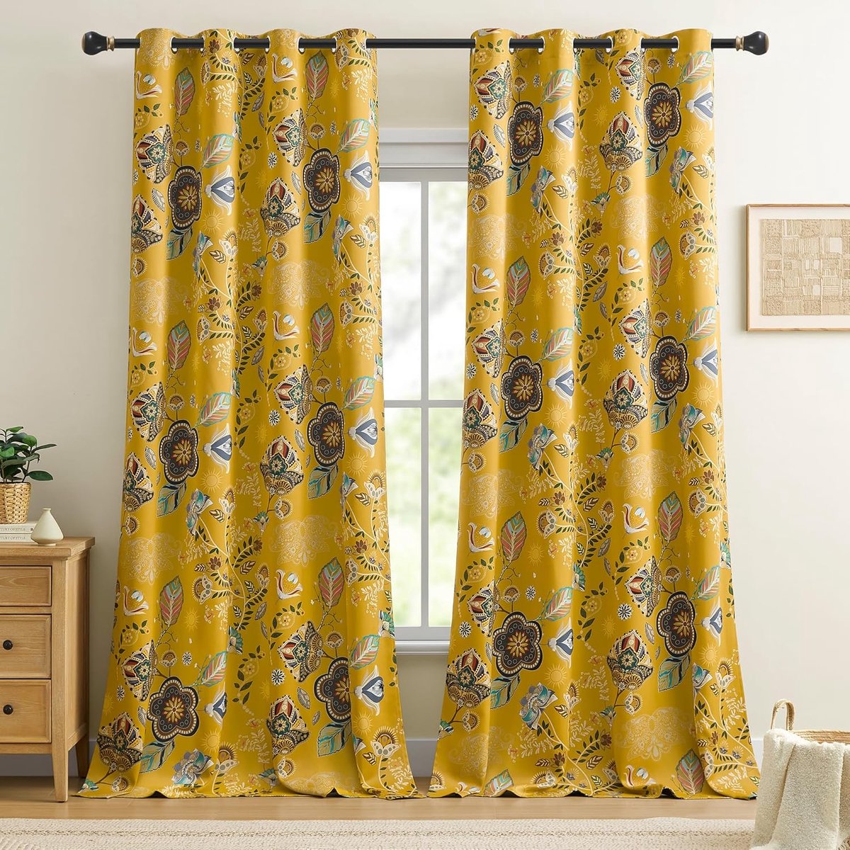 SnelShoppen - Mustard Gele Blackout Gordijnen voor Slaapkamer 228 cm Lengte Plant Print Boho Vintage met Thermische Isolatie Set van 2