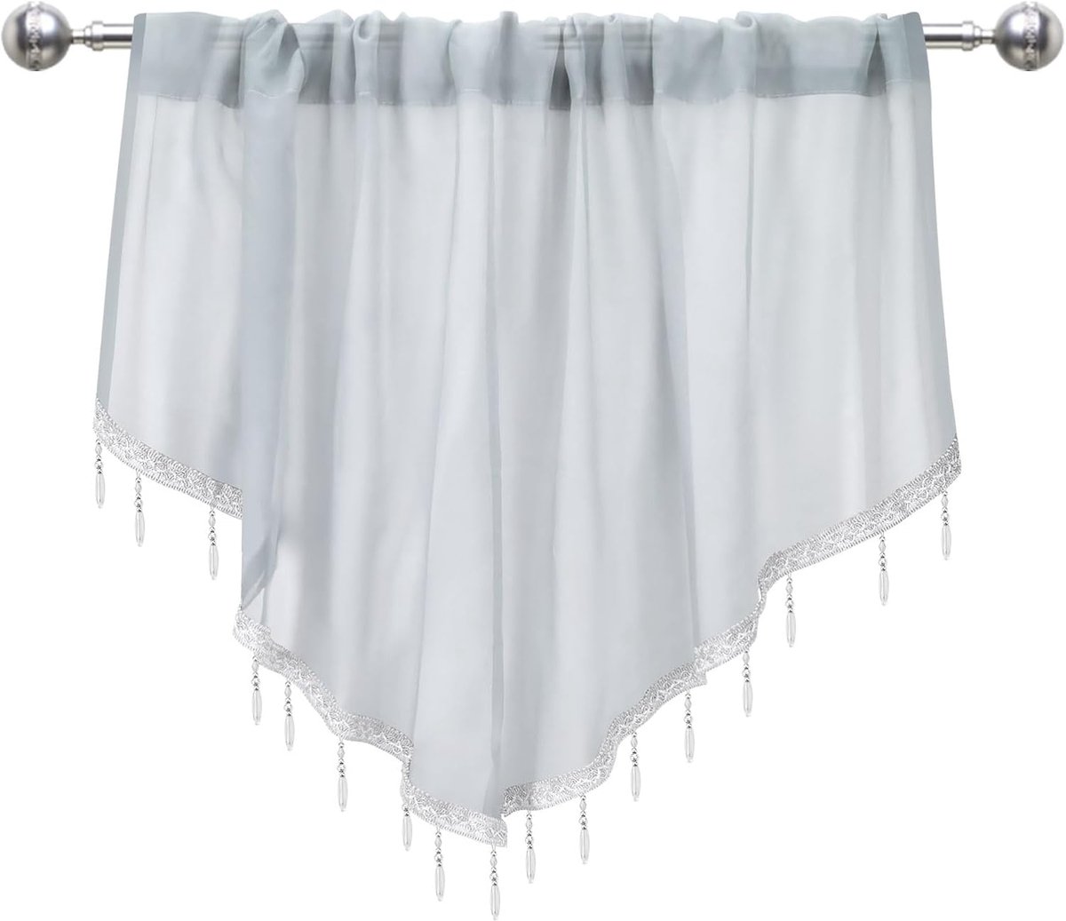 SnelShoppen - Beading Triangle Translucent Flounce Curtain voor Raam, Rod Pocket Valance met Bead Tassel Trim, Korte Voile Swag Gordijnen voor Woonkam