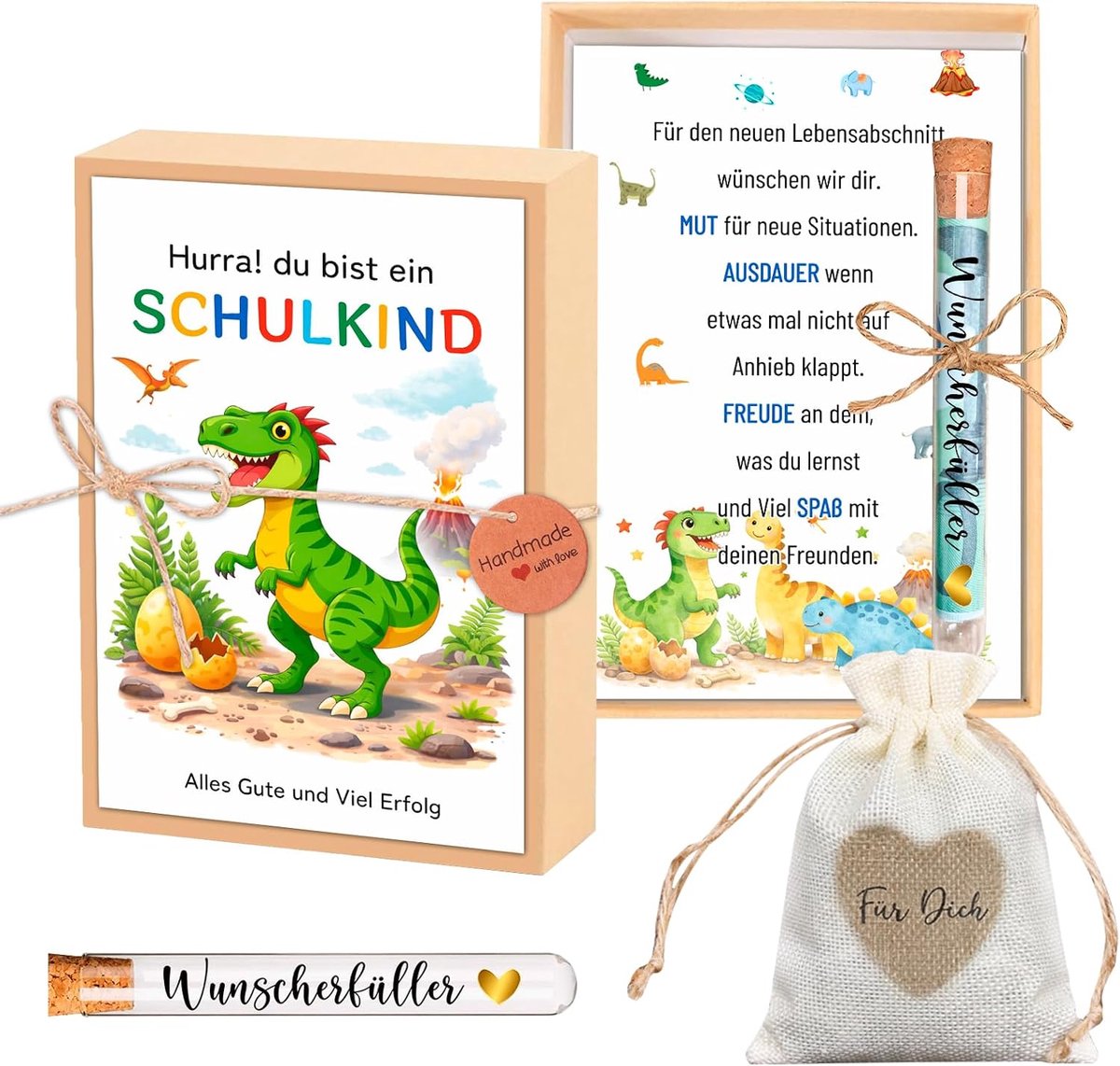 SnelShoppen - Geld-cadeauset dino geschenkdoos met wensbuisjes en zakjes, schooltasvulling voor jongens, perfecte cadeaus eerste schooldag 2026, origi