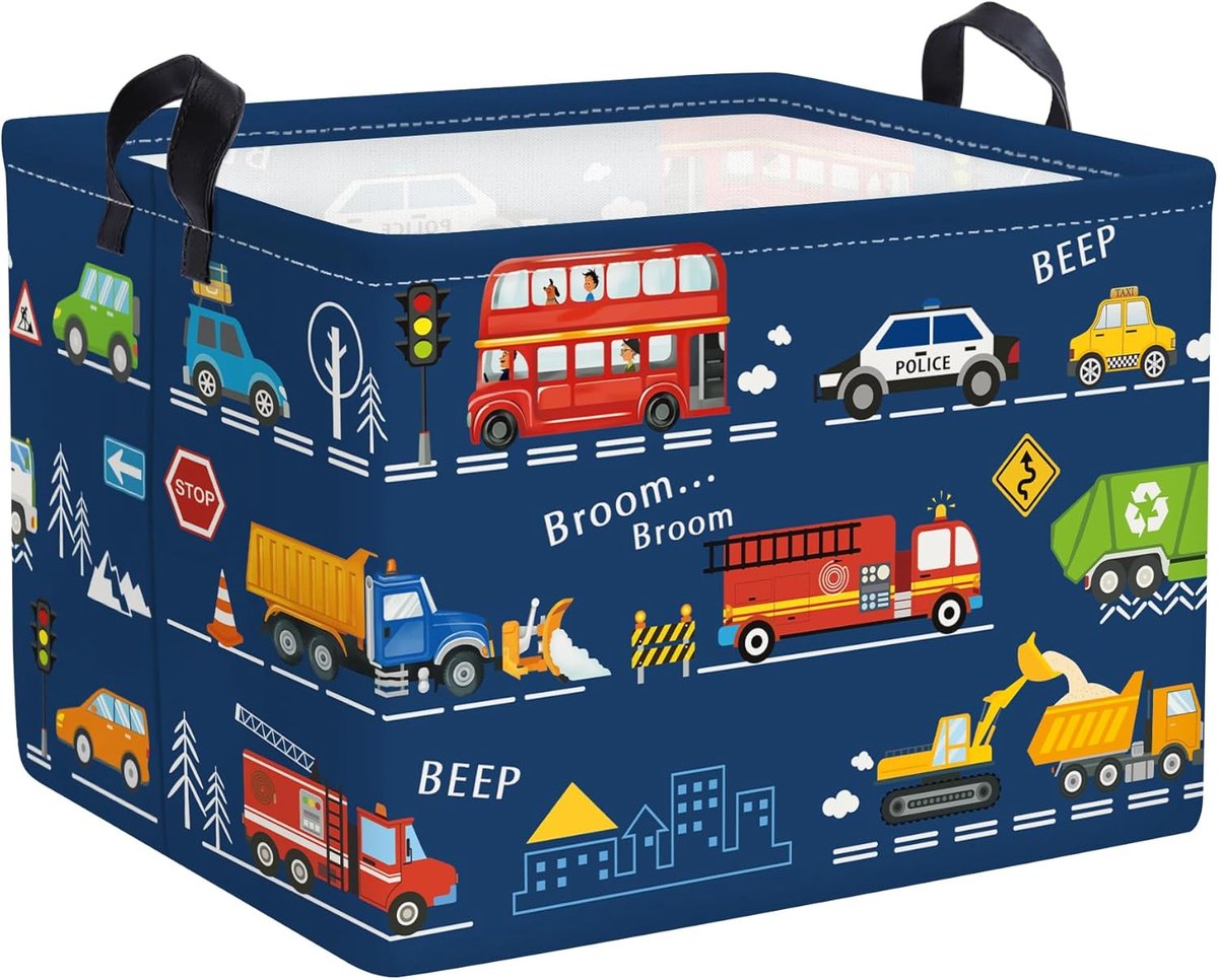 SnelShoppen - Cars Vouwbare Wasmand voor Kinderen - Grote Opbergmand voor Speelgoed en Kleding - 36L - Leuke Auto Ontwerpen voor Jongens - Kinderkamer