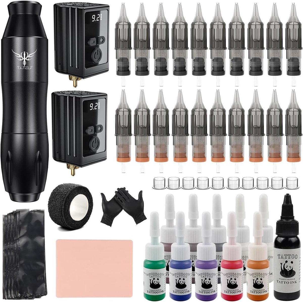 SnelShoppen - Draadloze Tattoo Pen Set met 2 Oplaadbare Batterijen, 20 Cartridge Naalden, 11 Inktflessen, 100 Beschermhoezen, Compleet voor Beginners
