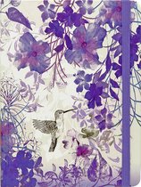 Wit notitieboek met paarse bloemen en een kolibrieprint. Paarse elastische sluiting.