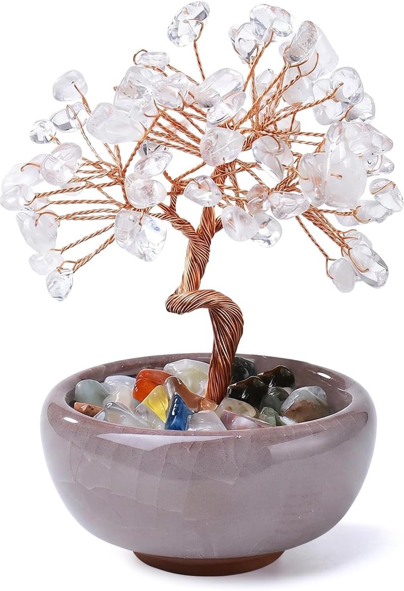 SnelShoppen - Witte Kristallen Levensboom in Keramische Bloempot, Edelsteen Feng Shui Geluksboom Ornament voor Huis en Kantoor, Desktop Decoratie, Pos