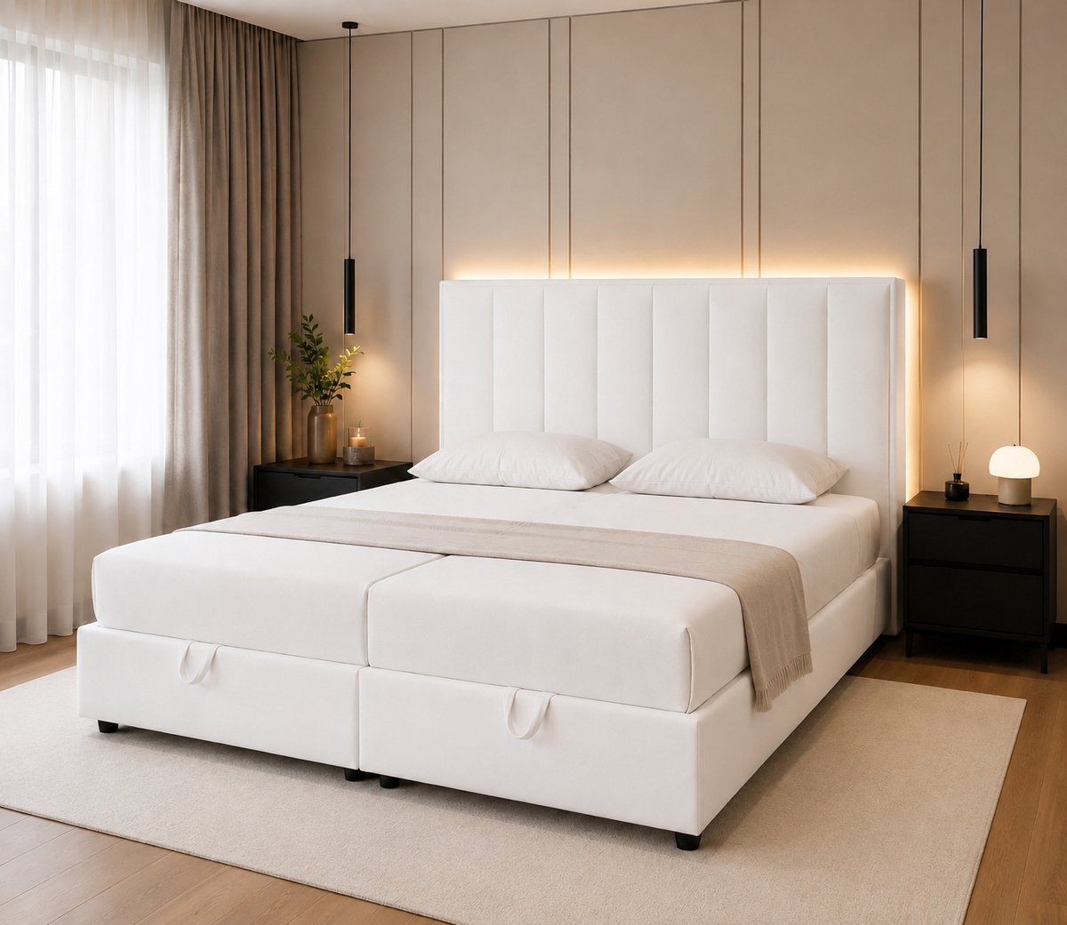 RAHA BED Luxe Boxspring 180x200 cm met Opbergruimte en Matras – Wit – Tweepersoonsbed met Hoofdbord