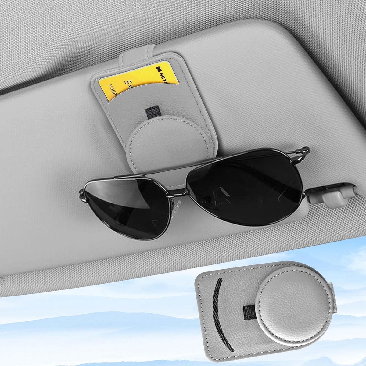 SnelShoppen - Zonnebrilhouder Auto, Multifunctionele Car Visor Organizer, Grijs Leer, 1 Stuk, Brilhouder voor Auto met Sterke Magneten, Kaarten Clip,