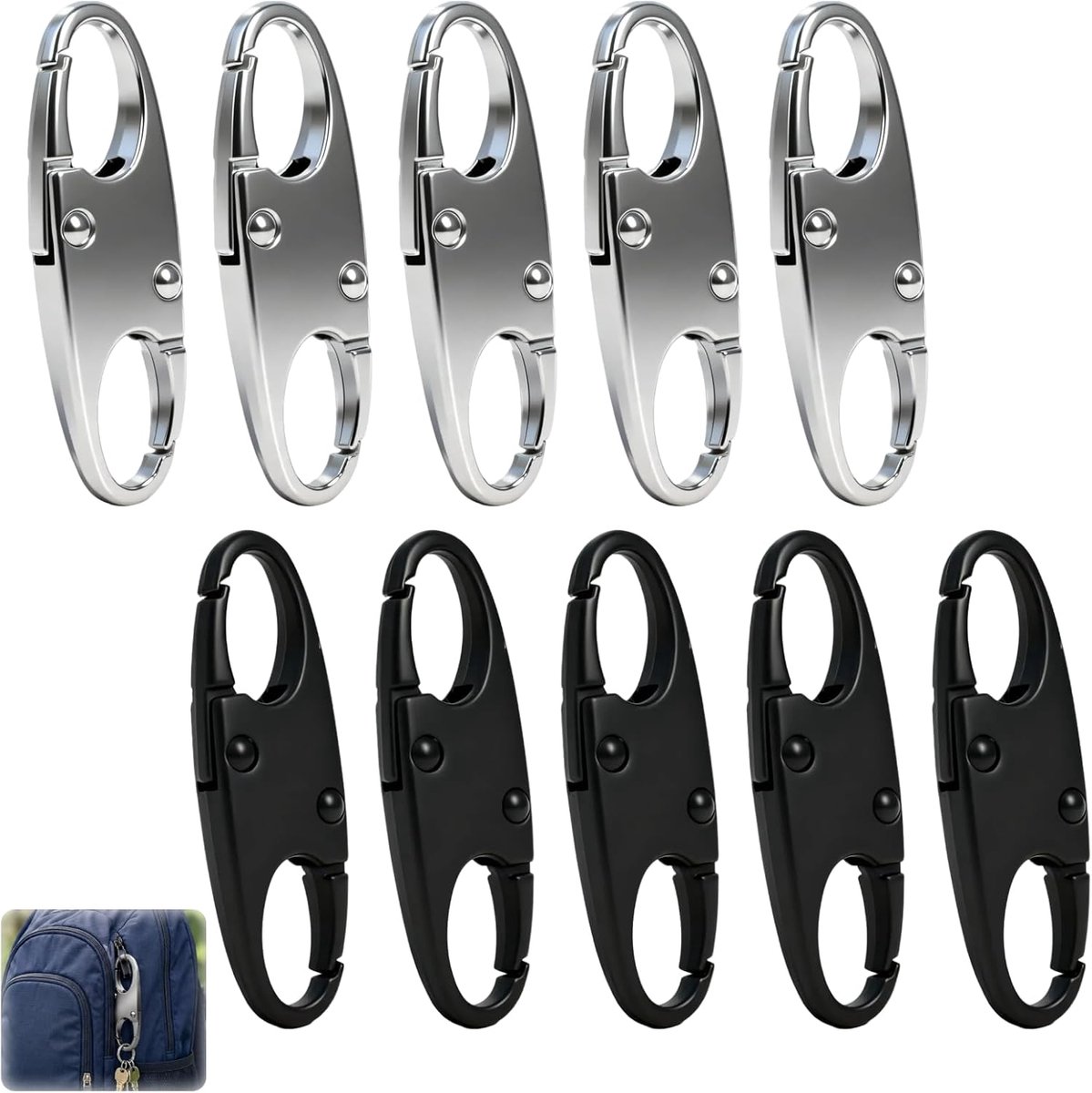 SnelShoppen - Set van 10 Antidiefstalclips met Ritssluiting voor Rugzak en Bagage, Zinklegering Veiligheidssluiting, Mini-Hangslot, Dubbele Opening, Z