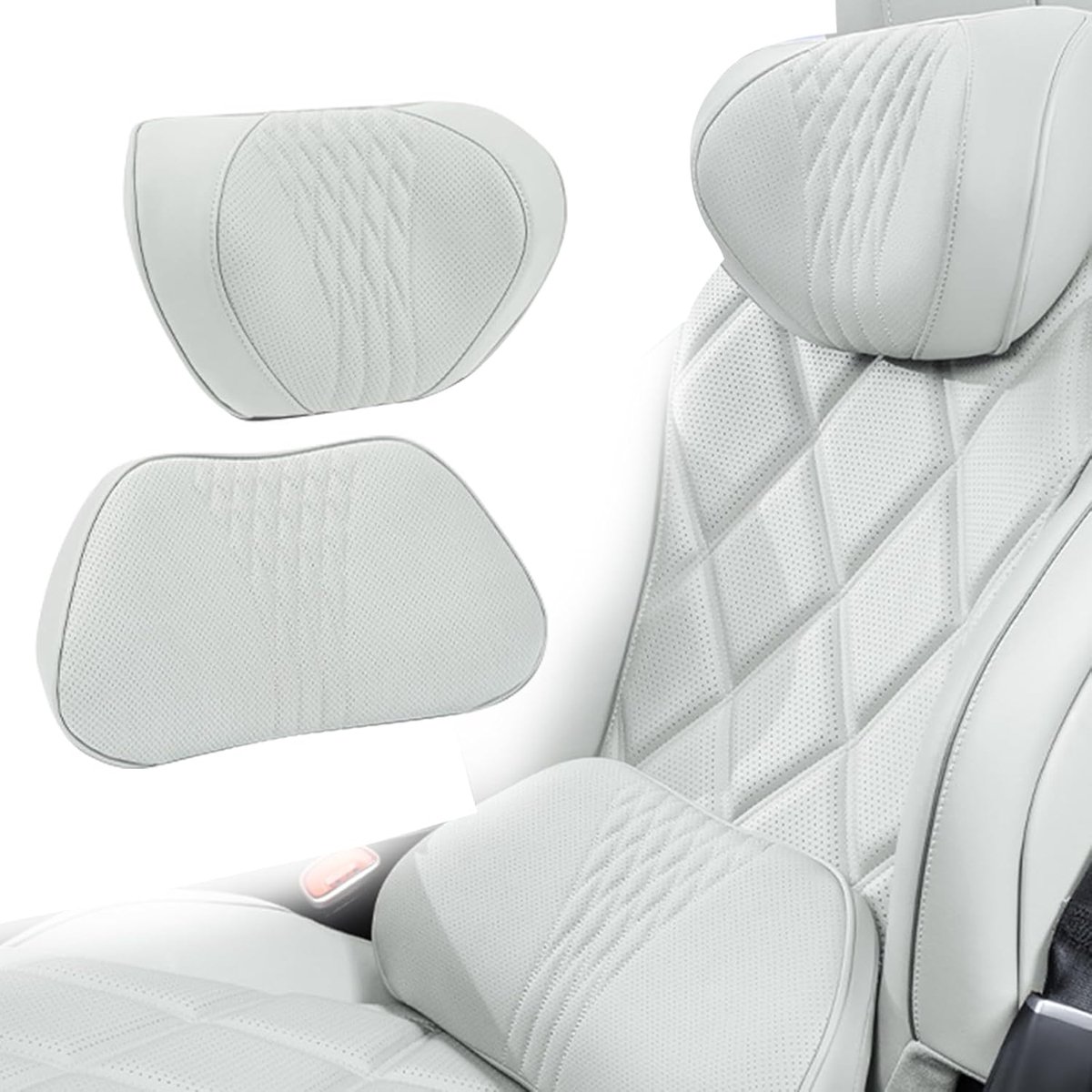SnelShoppen - Auto Nekkussen en Lendensteun Set - Geheugen Schuim Rugkussen Hoofdkussen - Ademend en Comfortabel - Voor Rugpijn Verlichting - Off Whit