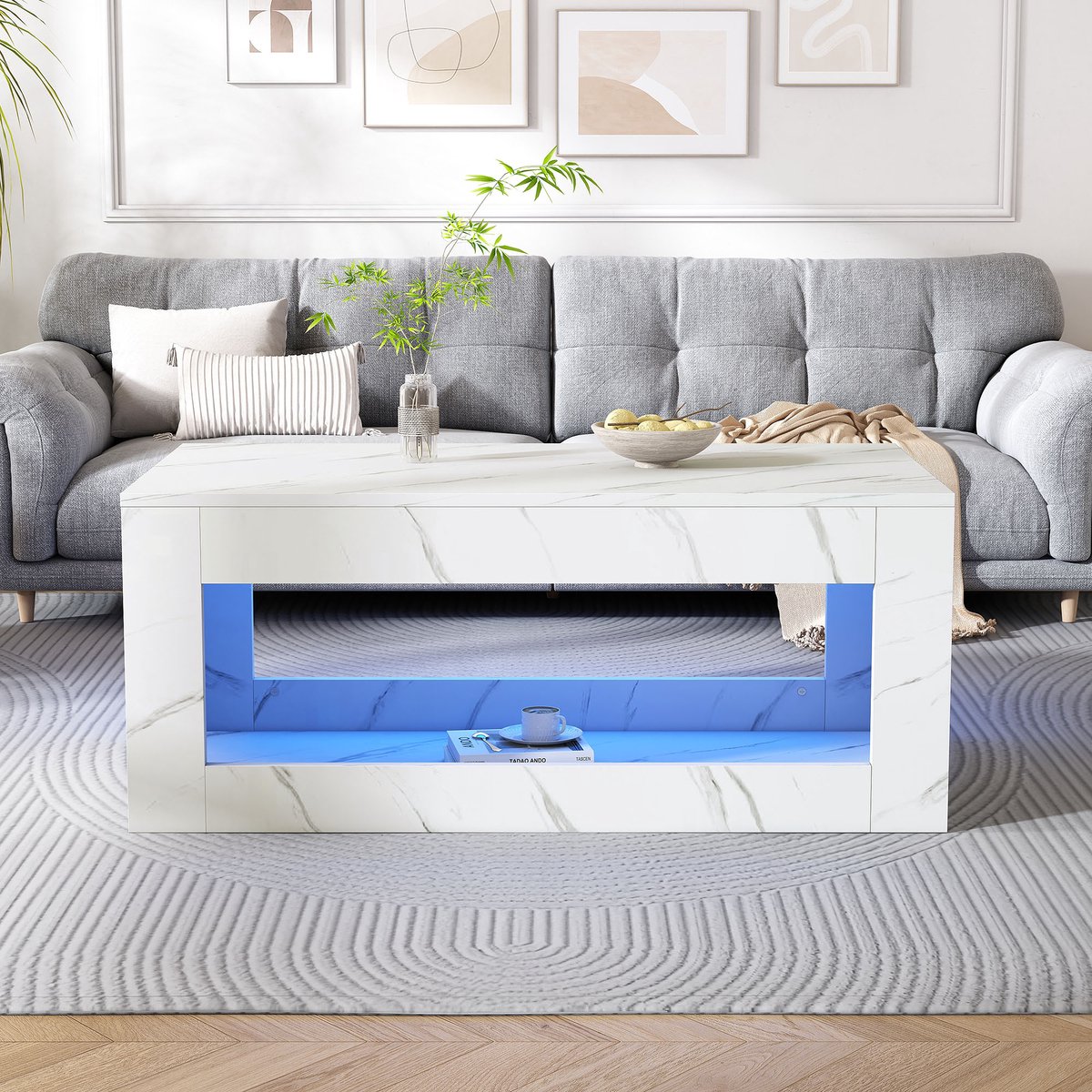 COVREO Salontafel 100x50x50 cm – wit, hoogglans tafelblad, LED-verlichting en opbergruimte