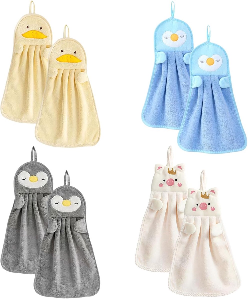 SnelShoppen - 8er Set Kinderhanddoeken Microfiber Cartoon Motief 25x37cm Absorberend met Haakje - Baby, Keuken, Bad, Peuters, Jongens en Meisjes