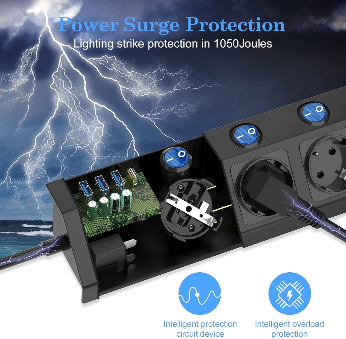 SnelShoppen - Power Strip 5-Weg met USB-C Snellader, Muurbevestigbaar, 3680W/16A, 2m, Individueel Schakelbaar, Stekkerdoos met Overspanningsbeveiligin