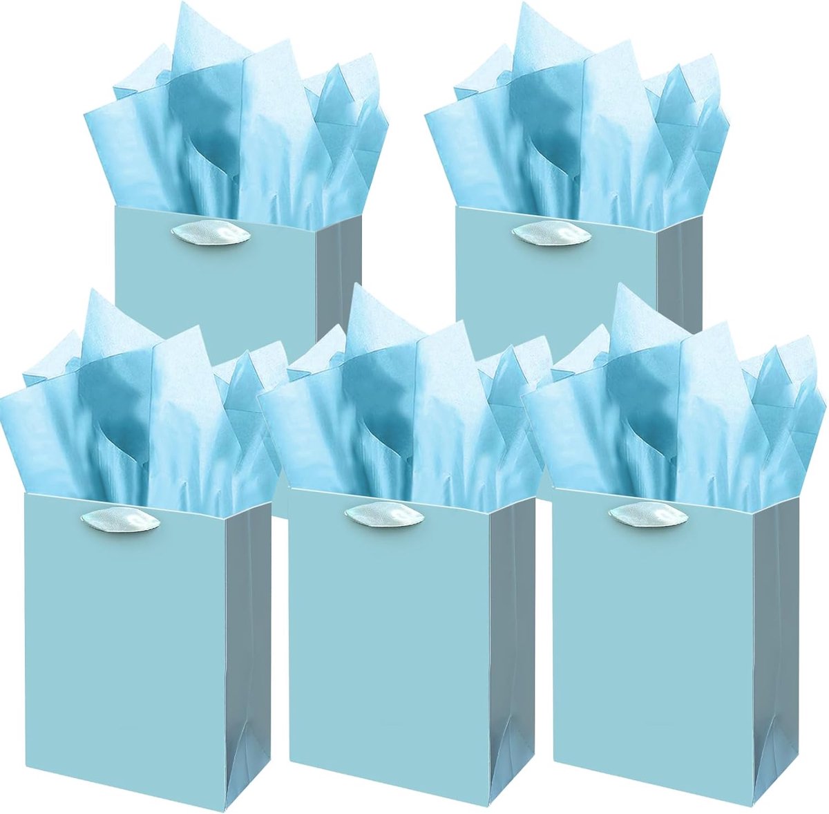 SnelShoppen - Medium Papieren Cadeautassen 20x11x24 cm - 5 Stuks Zee Blauw met 15 Stuks Papieren Doekjes - Perfect voor Bruiloft, Verjaardag en Feestj