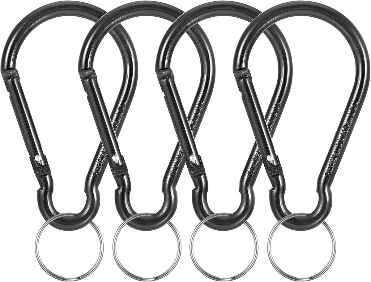 SnelShoppen - 10cm Grote Carabiner Haken - 4 Stuks Zwarte Sleutelhangers - Multifunctionele Clips voor Camping, Rugzak, Hond Leash