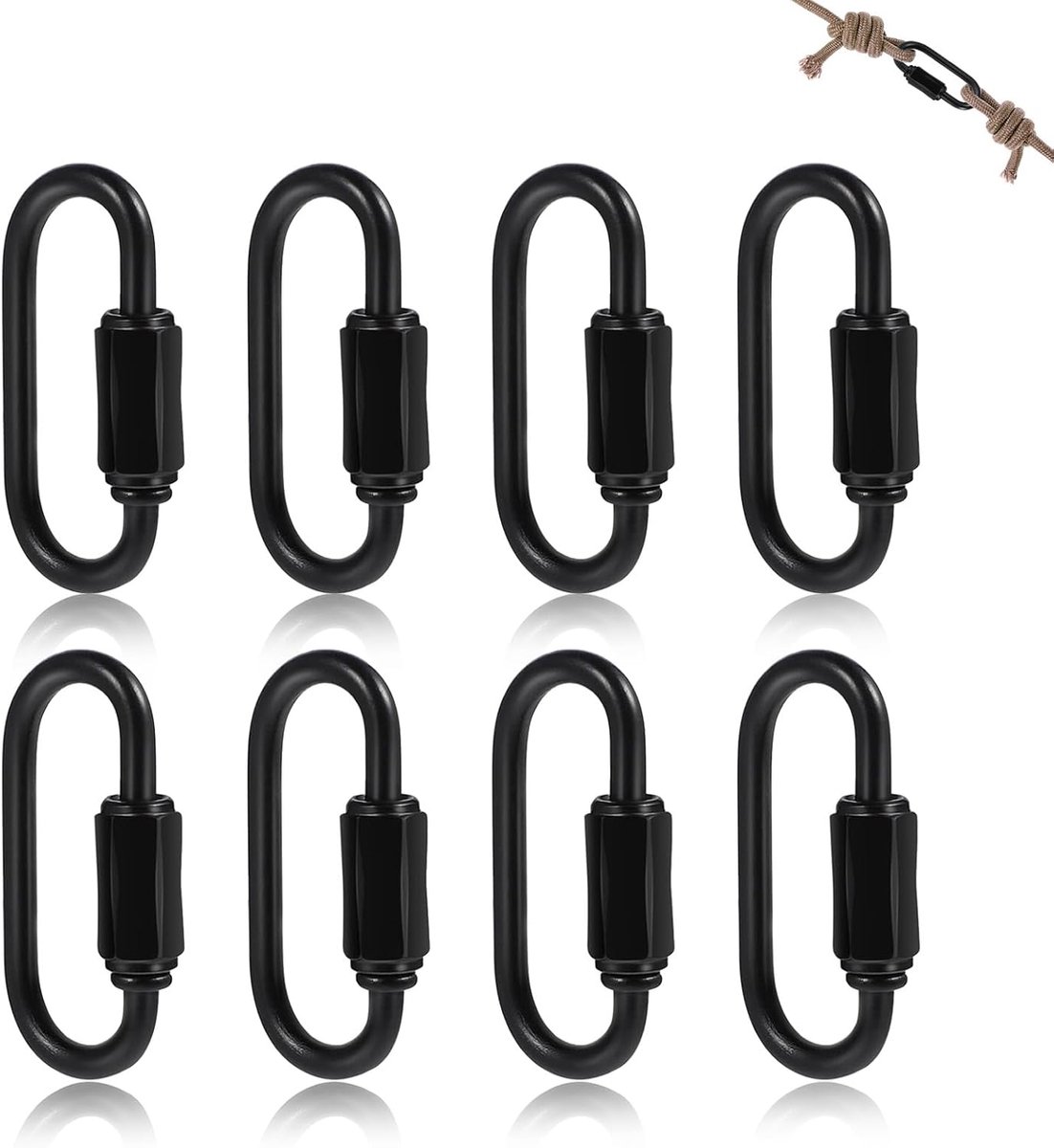 SnelShoppen - Pack van 8 D-vormige Carabiners Zwart, Duurzame Metalen Haak met Schroefsluiting (42 x 20 mm) voor Camping, Rugzakken, Sleutelhangers en