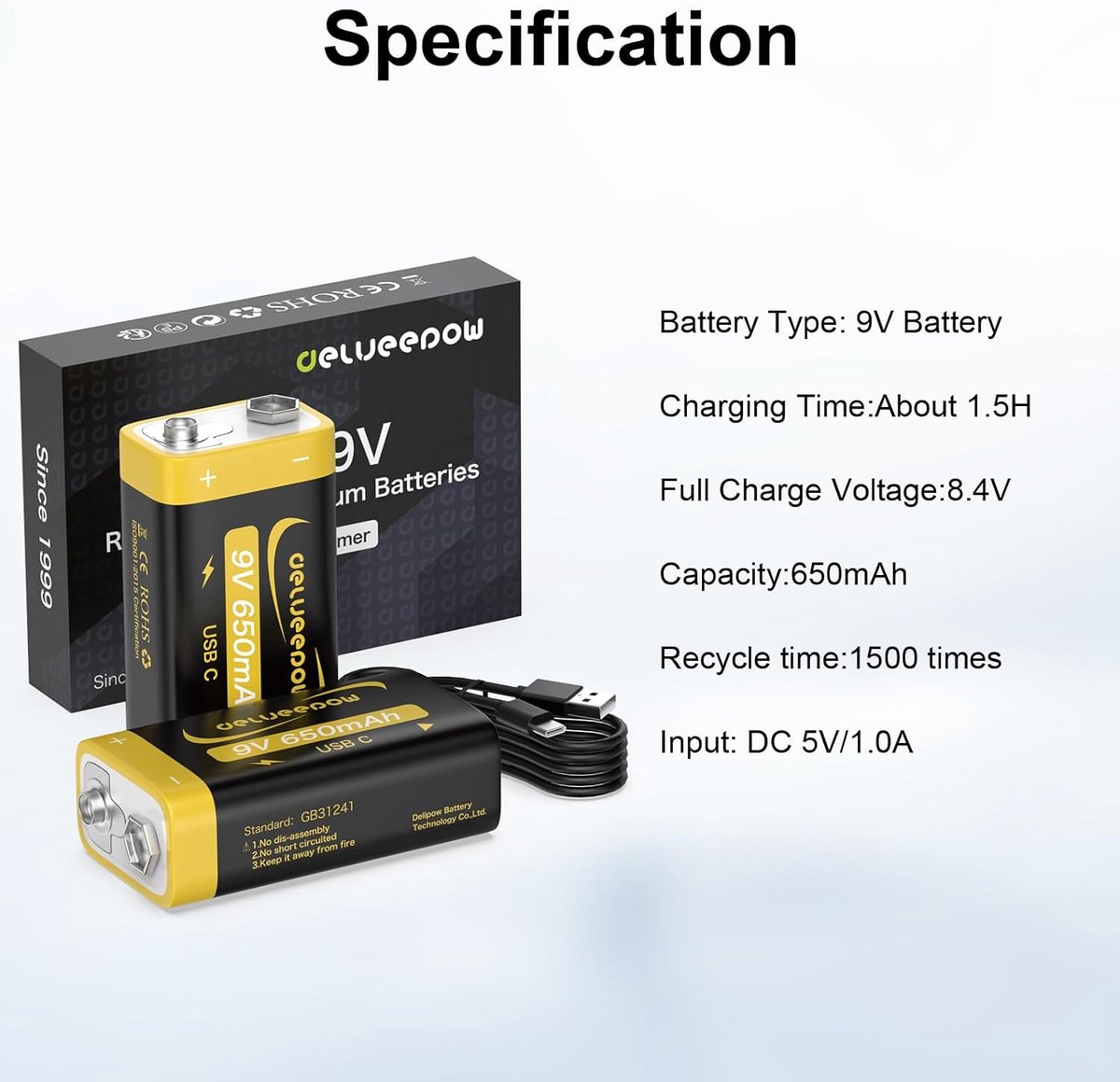 SnelShoppen - 9V Oplaadbare Blok Batterijen 650mAh Lithium met USB-C Kabel, 2 Stuks, Ideaal voor Speelgoed, Tuinverlichting, en Meer