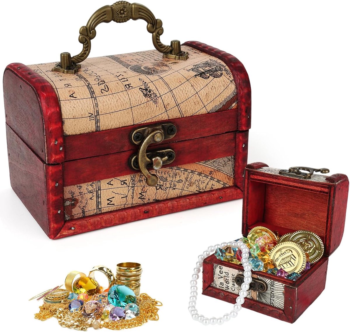 SnelShoppen - 2 Stuks Houten Schatkist - Vintage Schatkist voor Kinderen - 12 x 8 x 8.5 cm en 8 x 6 x 6 cm - Perfect voor Verjaardagen, Schatzoeken, S