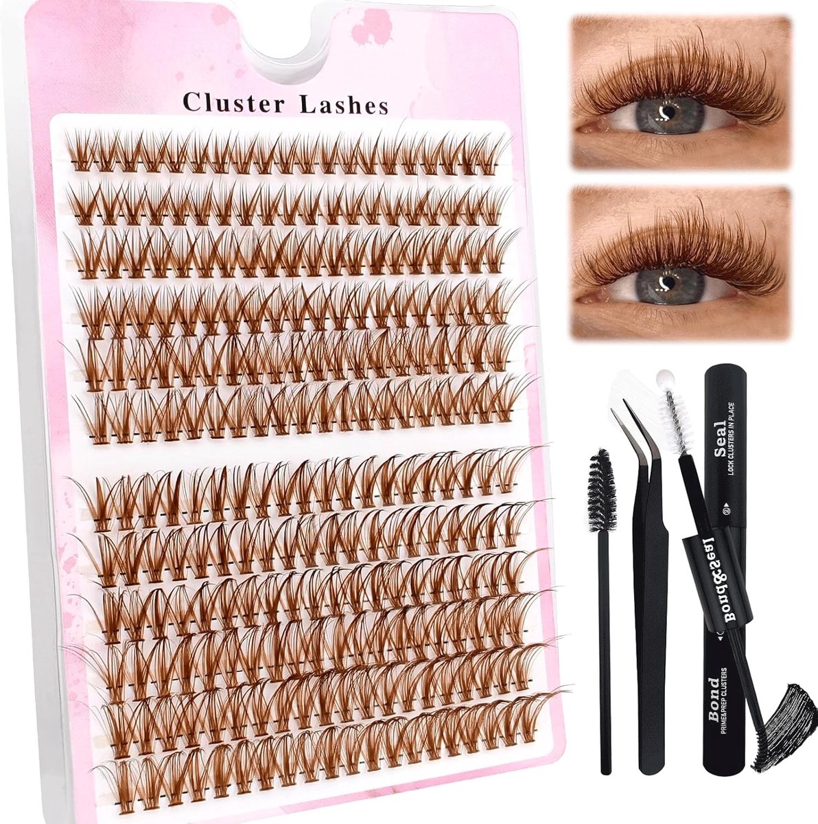 SnelShoppen - 240 Stuks Bruin DIY Wimperextensions Set, 0.07D Individuele Valse Wimpers, Clusters met Wimperlijm en Pincet voor Beginners, Herbruikbar