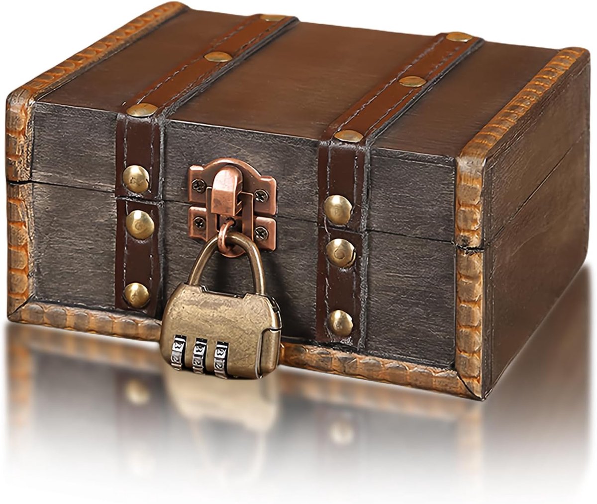 SnelShoppen - Houten Schatkist met Combinatieslot voor Kinderen - Vintage Piratenopbergdoos 15 x 12 x 7,5 cm - Perfect voor Verjaardagen, Decoratie en