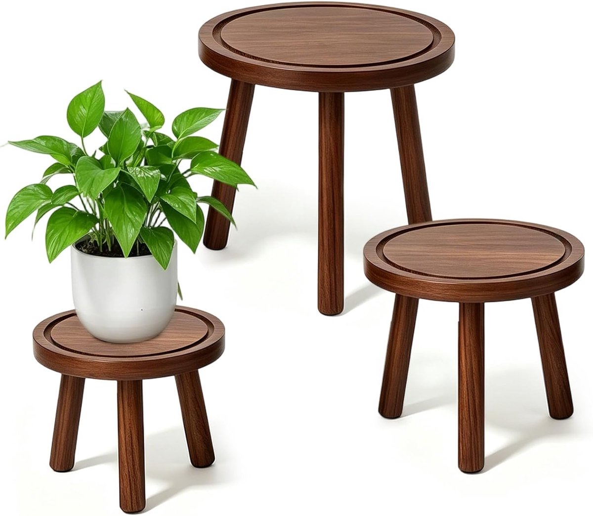 SnelShoppen - Set van 3 Houten Plant Standaards - Real Wood Bloem Standaard in 3 Hoogtes - Donkerbruin - Ideaal voor Binnen, Woonkamer, Balkon en Deco