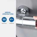 Illustratie met tekst "Modus Umschaltung": Regen- en handdouche pictogrammen naast een chromen thermostaatkraan.