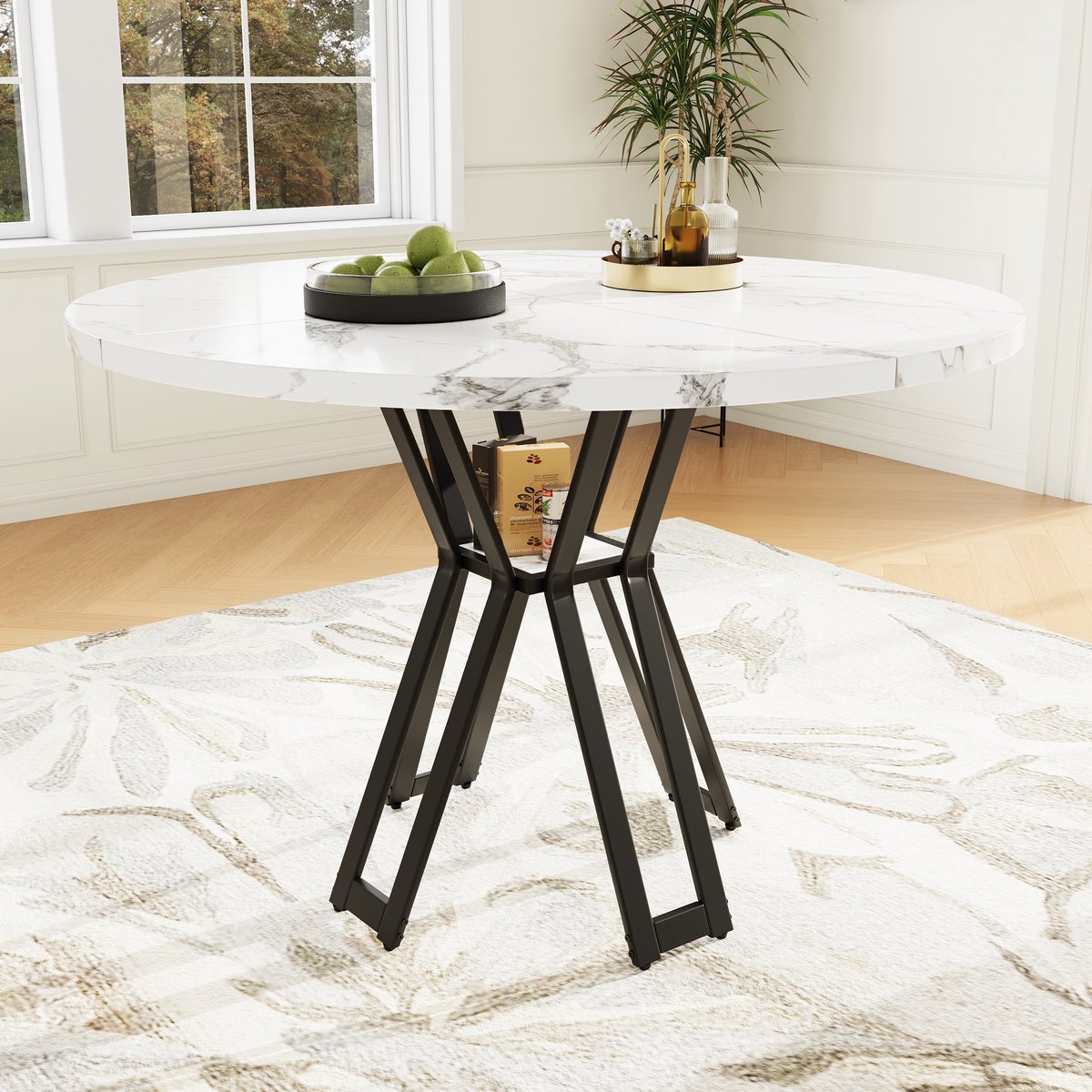 COVREO Eettafel 100x100x76 cm – rond, marmerlook fineer MDF blad, metalen poten, voor 4-6 personen