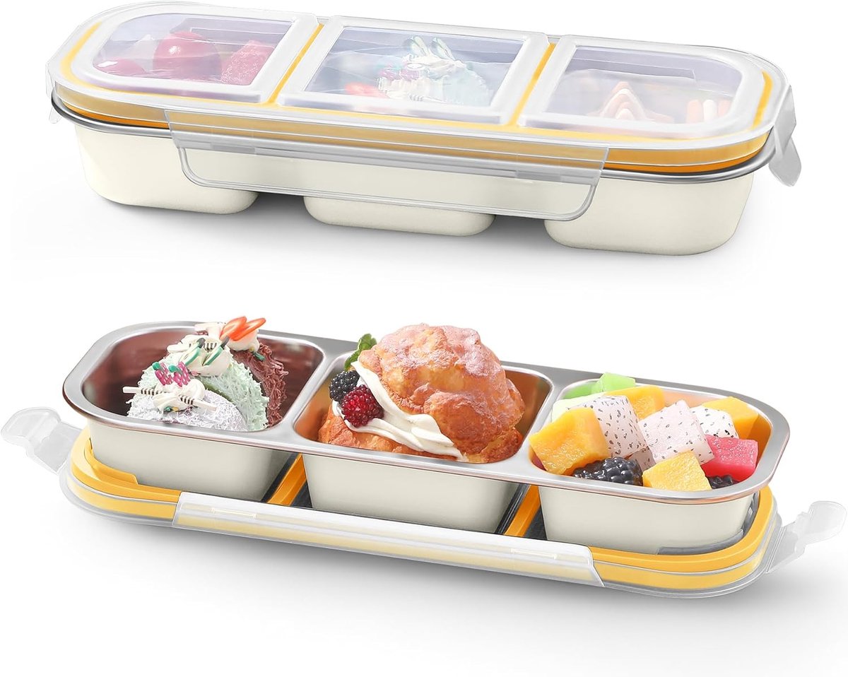 VHV - Vershoudbakjes - RVS lunchbox - Snackdoosjes - 600ml - Lunchbox kind - Set van 2 - Met 3 vakken - Lekvrij - Roestvrij staal - Voor school, werk en reizen - Zilver+Crèmewit