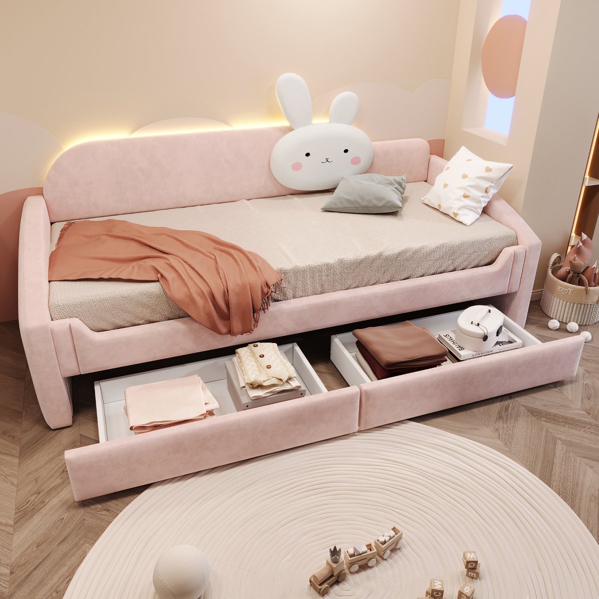 Slaapbank 90 x 200 cm - met opbergruimte - LED-verlichting - rugleuning met konijnenkussen - kinderbed - roze - zonder matras