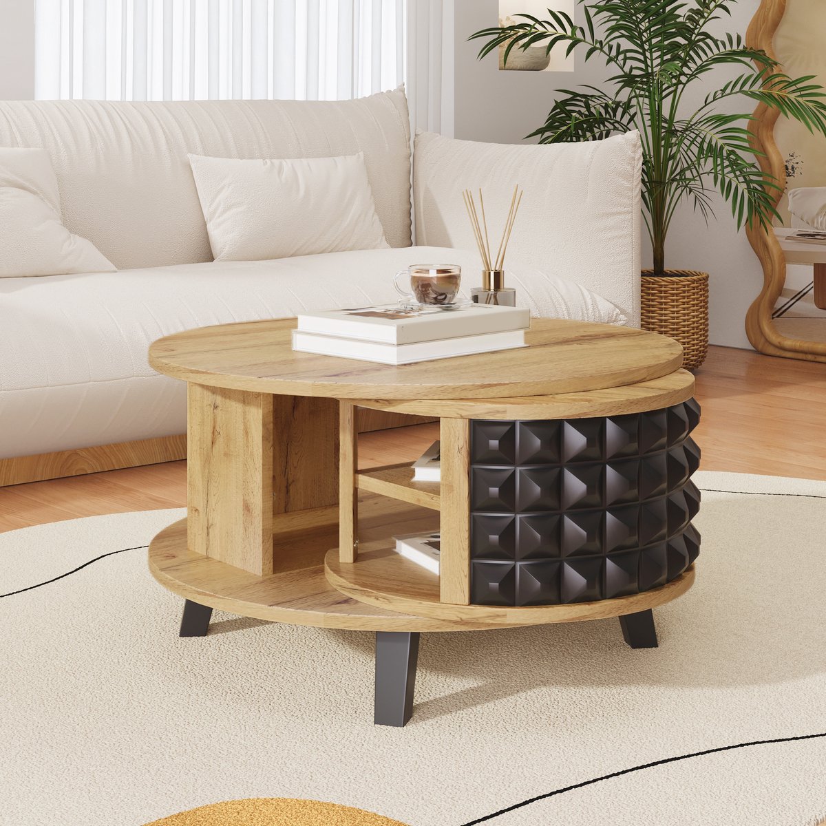COVREO Salontafel 85,2x80x45,2 cm - naturel, draaibare verborgen opbergruimte, PB