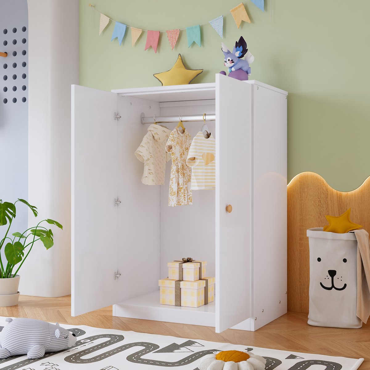 COVREO Kledingkast 80 x 50 x 120 cm – wit MDF, 2 deuren, met kledingstang