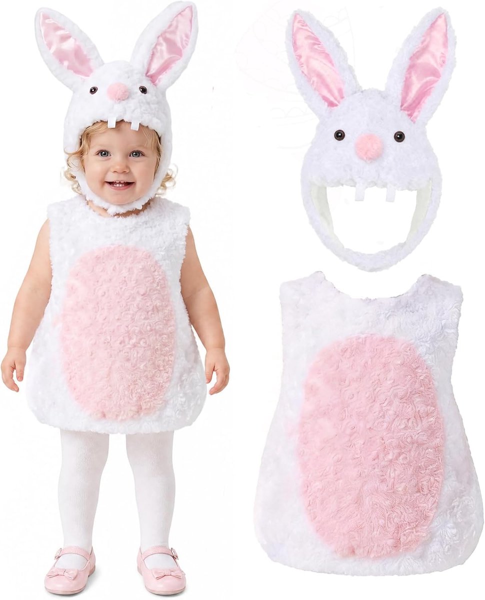 SnelShoppen - Bunny-kostuum voor baby's en peuters, schattig romper met hazenkostuum, zachte stof, hazenoren, konijntje, carnaval, Halloween, dierenkl
