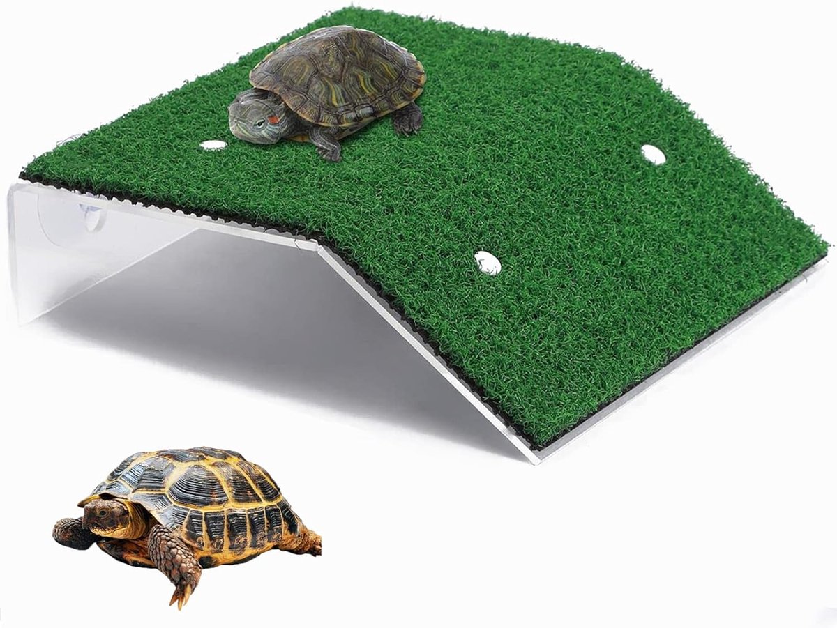 SnelShoppen - Turtle Aquarium Klimgemonteerde Ladder met Kunstgras, 20x10x12x5cm, Voor Kleine Dieren, Ideaal voor Zonnebaden en Stressverlichting