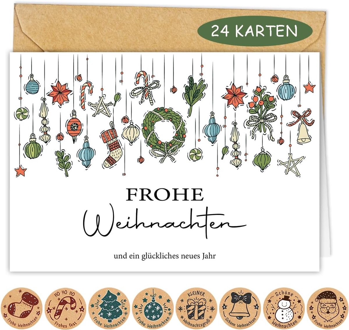 SnelShoppen - Set van 24 Kerstkaarten met Envelop, Premium A6 Vouwkaarten, Moderne Kerstgroeten voor Jouw Feestdagen, Inclusief Kraft Enveloppen en St
