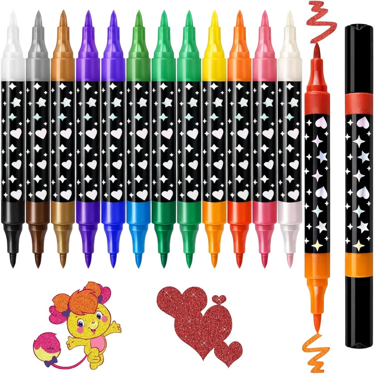 SnelShoppen - Pack van 12 Glitter Pens, 24 Kleuren Metallic Viltstiften voor Kinderen, Waterbasis, Veilig en Sneldrogend, Creatief Knutselen, Feest en