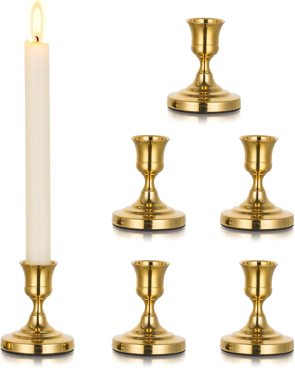 SnelShoppen - Set van 6 Messing Gouden Kaarsenhouders voor Tapered Kaarsen - Vintage Candlestick Holders voor Bruiloft, Kerst, Open Haard en Raamdecor