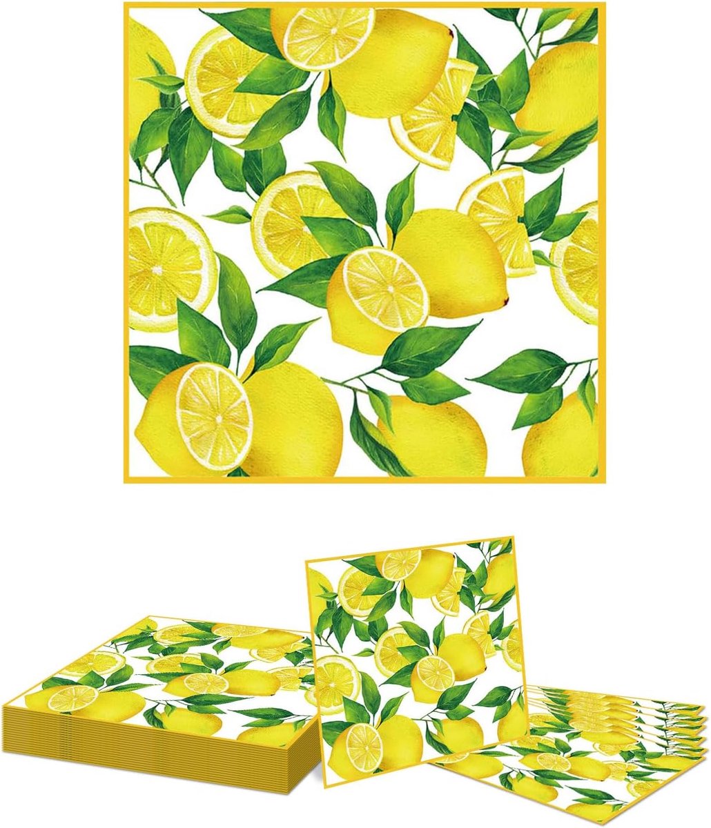 SnelShoppen - 20 Stuks Dubbel Laags Lemon Motieven Servetten voor Feestjes, Verjaardagen, Bruiloften, Communie, 33x33 cm, Geel en Groen, Papieren Serv