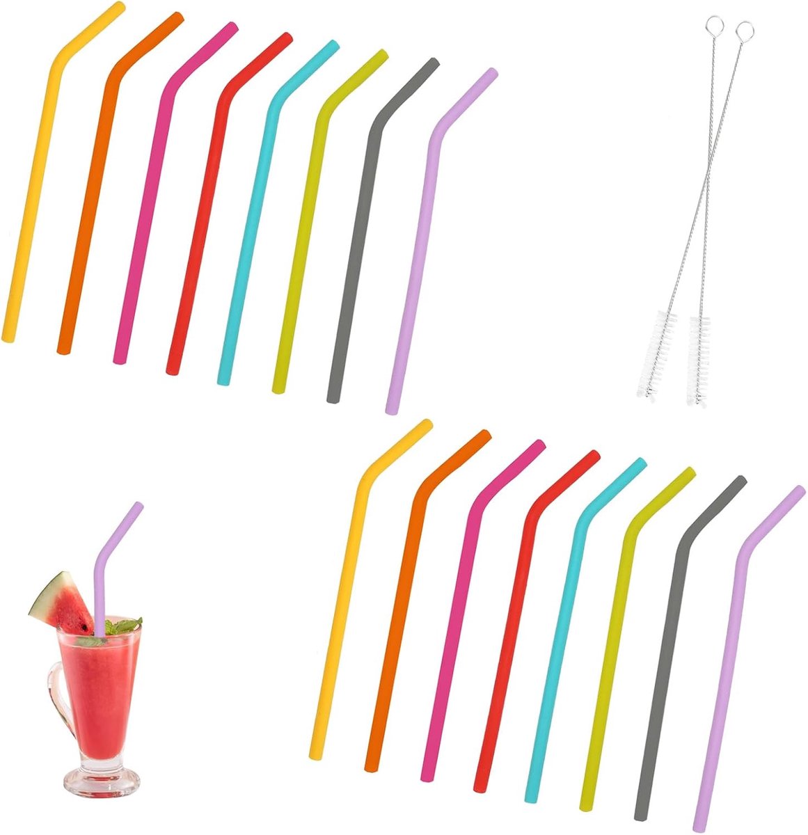 SnelShoppen - Pack van 16 Kleurrijke Siliconen Rietjes - Herbruikbare Rietjes voor Cocktails, Sappen, Melkthee - Inclusief 2 Schoonmaakborstels - BPA-