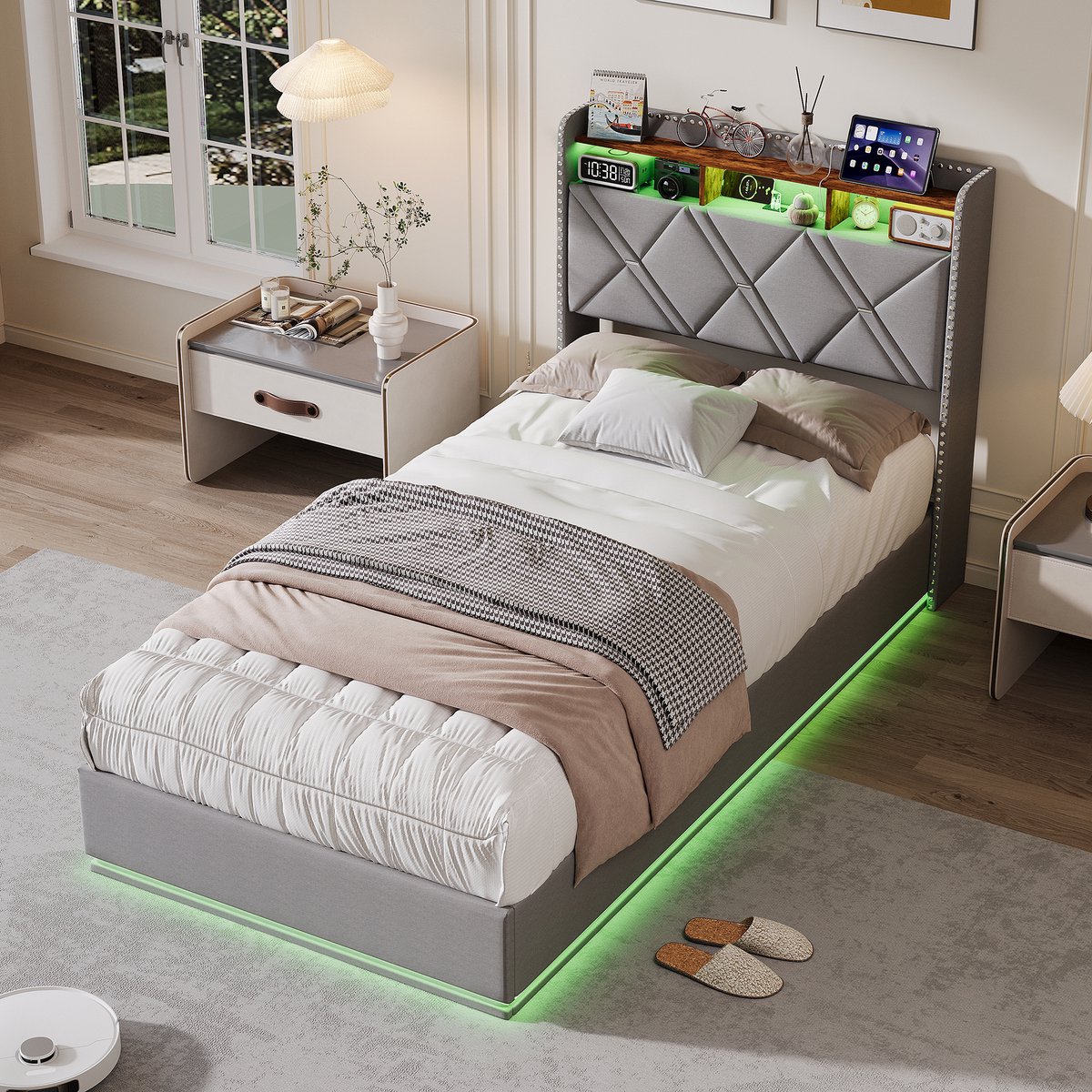 SHOPENTRA Opbergbed 90x200 cm Grijs Linnen - Eenpersoonsbed met Hydraulische Opbergruimte, Opberghoofdbord, USB-A & USB-C en RGB LED-verlichting
