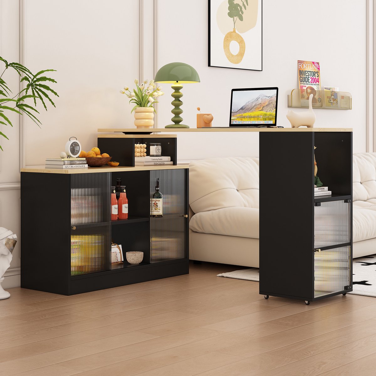 COVREO Bartafel 155x40x90 cm - zwart, MDF en glas, uitschuifbaar met opbergruimte