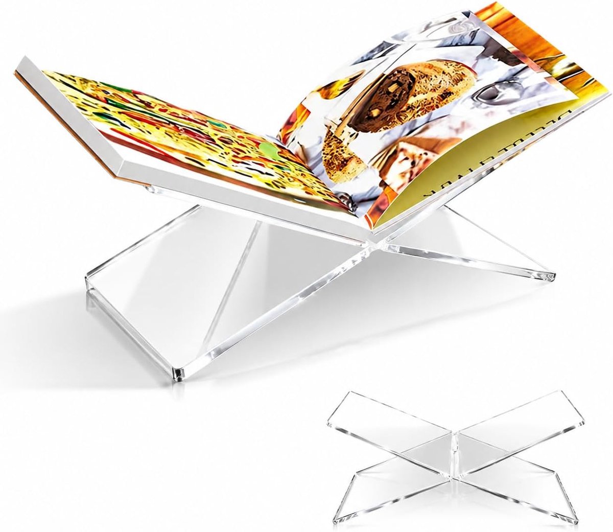 VHV - Boekenstandaard - Acryl boekhouder voor boeken en recepten - Decoratieve tafelstandaard voor salontafel, keuken en eettafel - 28 x 15,1 x 15,5 cm - 8 mm dik - Transparant