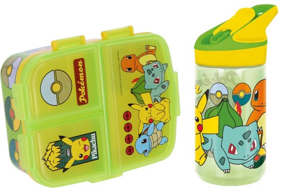 Groene Pokémon lunchbox en drinkfles met afbeeldingen van Pikachu, Bulbasaur, Squirtle en Charmander.