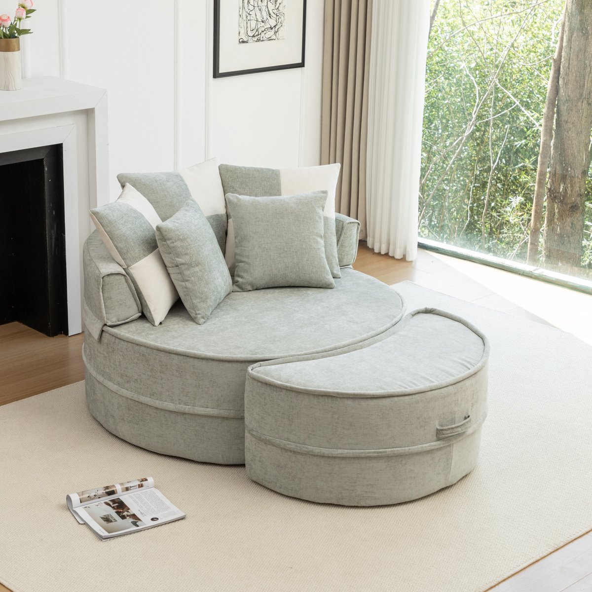 COVREO Fauteuil 163x121x66 cm - mintgroen chenille, met hocker en 5 kussens