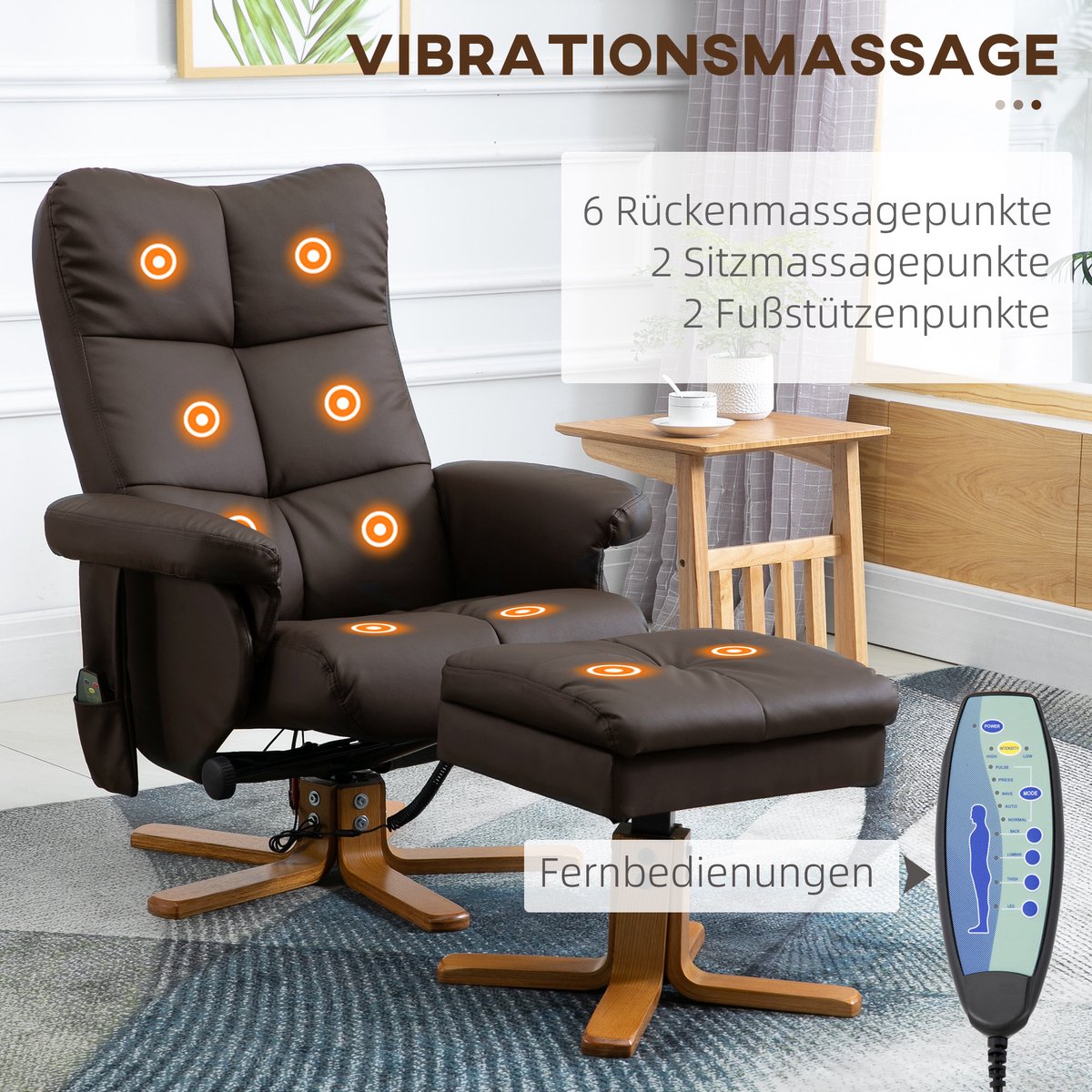 COVREO Massagestoel 80x86x99 cm – bruin kunstleer, met hocker en 145° verstelbare rugleuning – foto 2