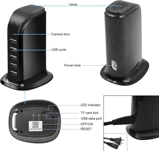Verborgen Camera - Spionage Camera - Thuis Bewaken - 5 Poorts Hub - 10 x 15 cm - Zwart — afbeelding 5