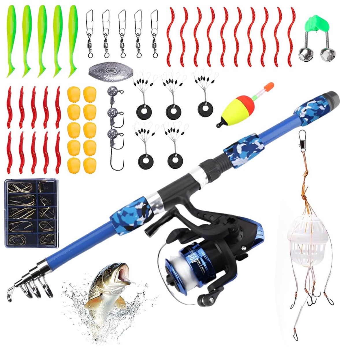 SnelShoppen - Kinderhengel 1,8 m - Complete Visset voor Beginners - Telescopische Hengelset met Vismolen en Aas - Perfect voor Jongens en Meisjes - Id