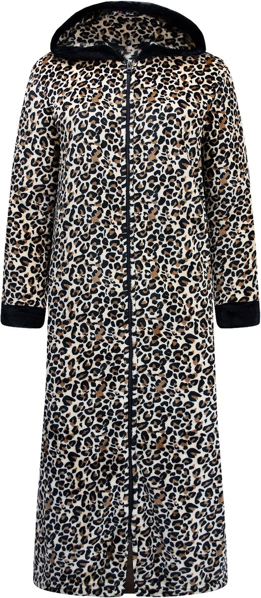 Extra Lange Dames Rits Badjas met Capuchon en Zijzakken - Ochtendjas - Superzacht Coral Fleece - Panterprint Beige - Maat L/XL - 8205-Beige